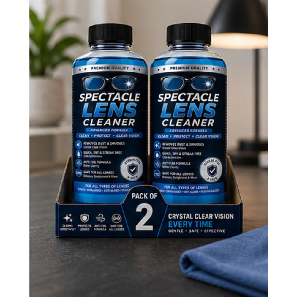 { "alt_text": "Clear liquid spectacle lens cleaner bottles, 100 ML pack of 2, for removing dust and smudges" }