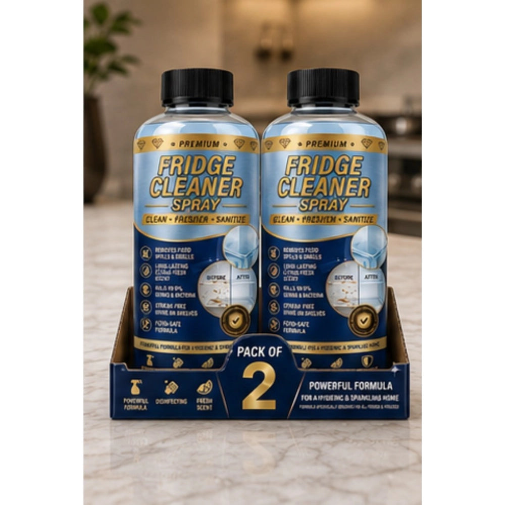 { "alt_text": "Clear liquid fridge cleaner bottles, 100 ML, pack of 2, fresh fruit scent, refrigerator interior cleaning spray" }