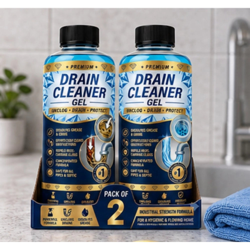 { "alt_text": "Blue drain cleaner gel bottles, 100 ML, pack of 2, liquid drain blockage remover for plumbing" }