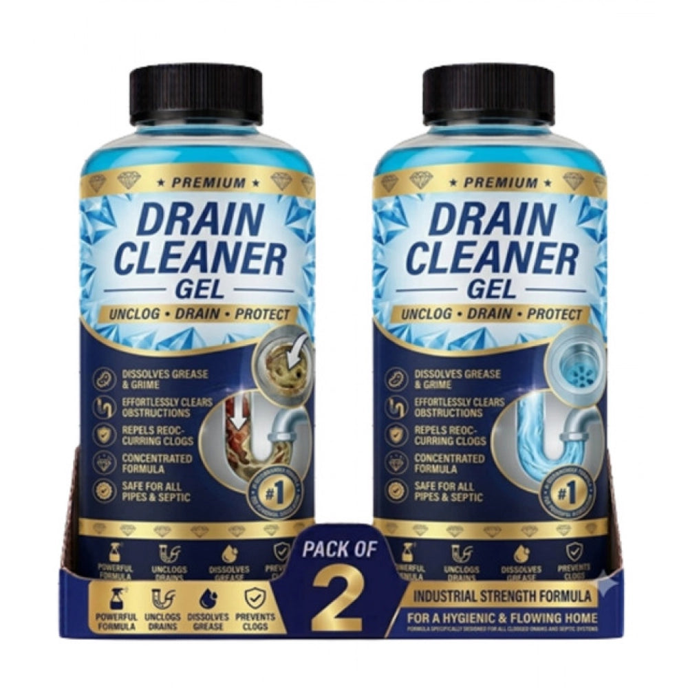 { "alt_text": "Blue gel drain cleaner bottles, 100 ML, pack of 2, liquid plumbing drain blockage remover" }