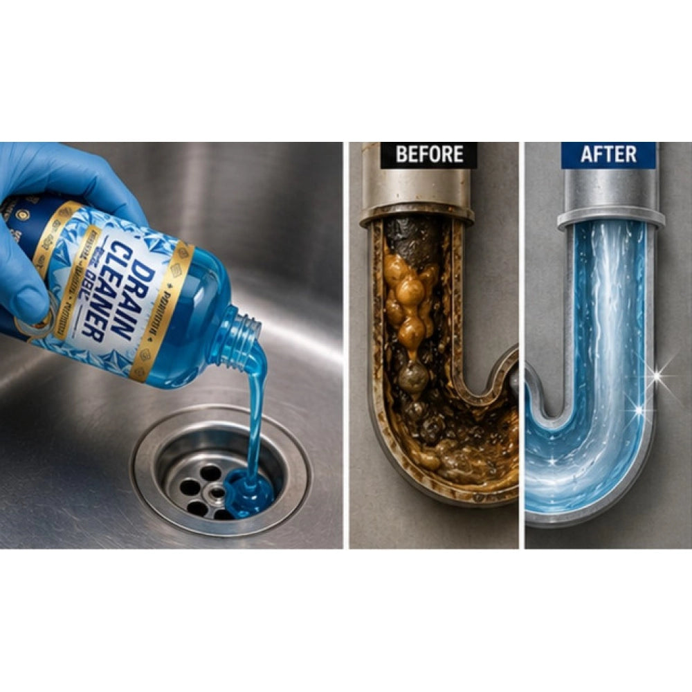 { "alt_text": "Blue drain cleaner gel bottles, 100 ML, pack of 2, liquid drain blockage remover for plumbing" }
