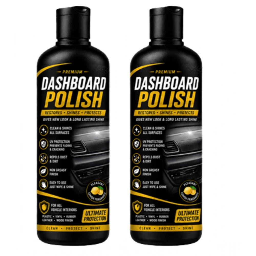 { "alt_text": "Clear liquid car dashboard polish, 100 ML bottle pack of 2, restores shine, automotive care" }