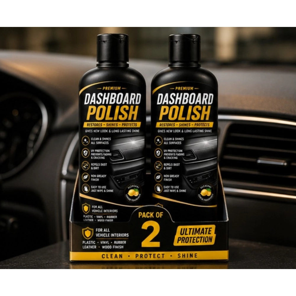 { "alt_text": "Clear liquid car dashboard polish, 100 ML bottle pack of 2, restores shine, automotive care" }