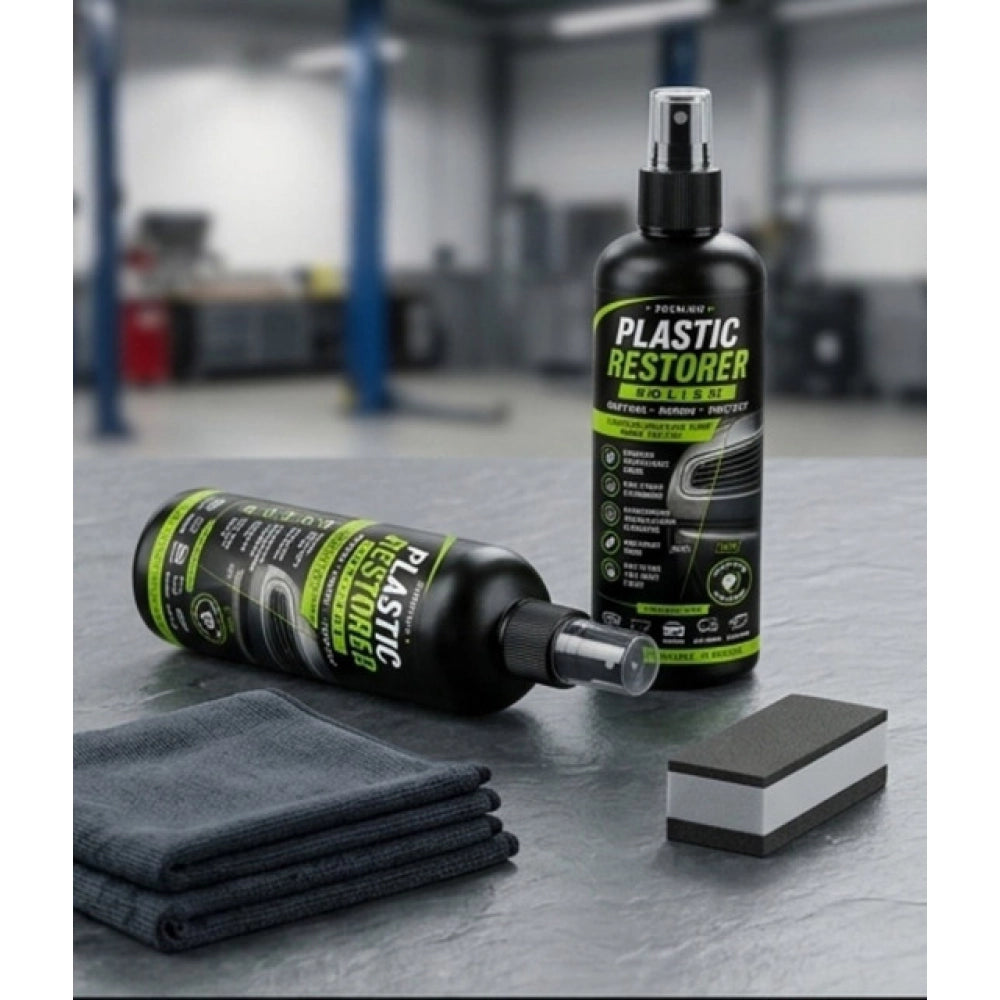 { "alt_text": "Clear plastic restorer polish liquid spray bottles, 100 ML, restores shine, car detailing, plastic cleaner" }