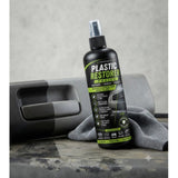 { "alt_text": "Clear plastic restorer polish liquid spray bottles, 100 ML, restores shine, car detailing, plastic cleaner" }