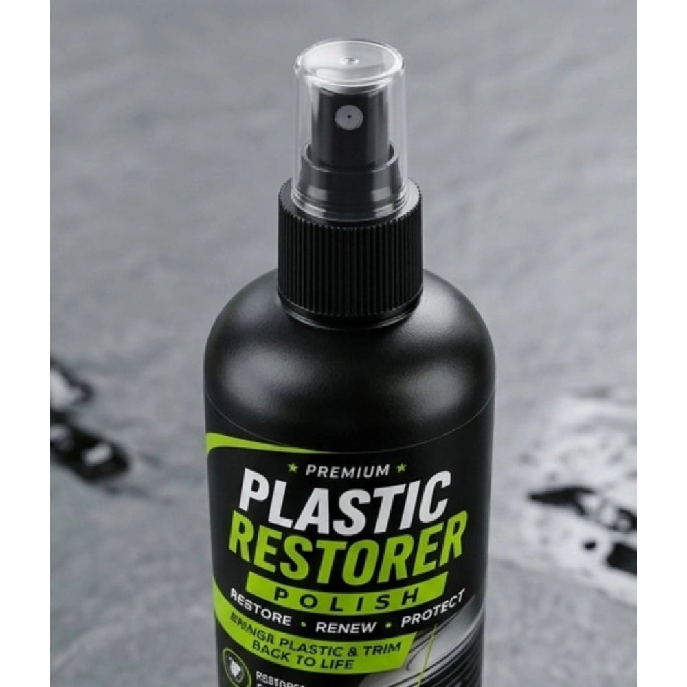 { "alt_text": "Clear plastic restorer polish liquid spray bottles, 100 ML, restores shine, car detailing, plastic cleaner" }