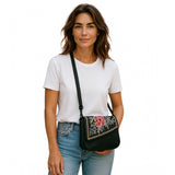 Women's Polyurethane Floral Embroidered Crossbody Sling Bag with Adjustable &amp; Removable Strap (Black)
