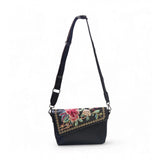 Women's Polyurethane Floral Embroidered Crossbody Sling Bag with Adjustable &amp; Removable Strap (Black)