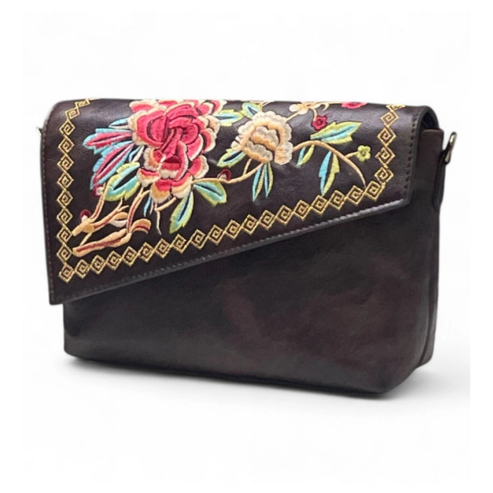 Women's Polyurethane Floral Embroidered Crossbody Sling Bag with Adjustable &amp; Removable Strap (Coffee)