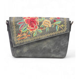 Women's Polyurethane Floral Embroidered Crossbody Sling Bag with Adjustable &amp; Removable Strap (Grey)