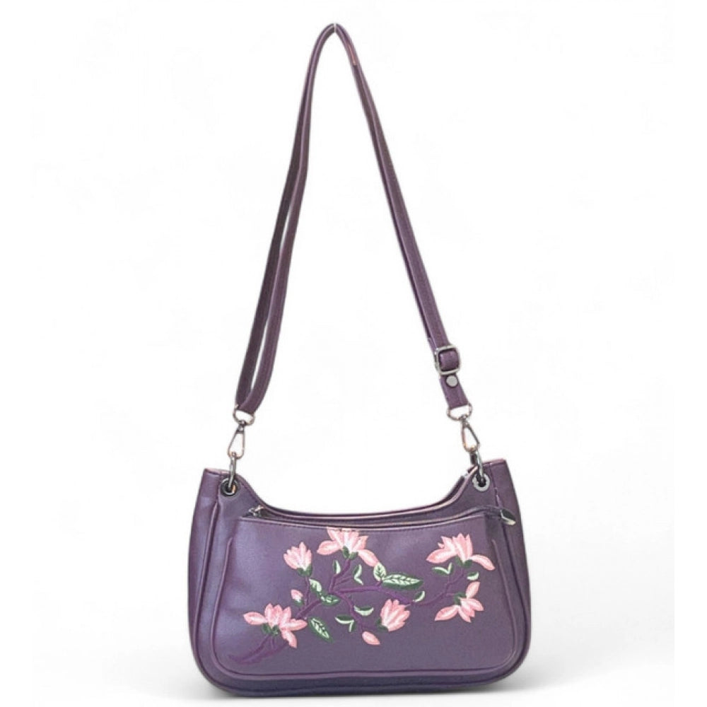 Women's Polyurethane Floral Embroidered Crossbody Sling Bag with Adjustable &amp; Removable Strap (Purple)