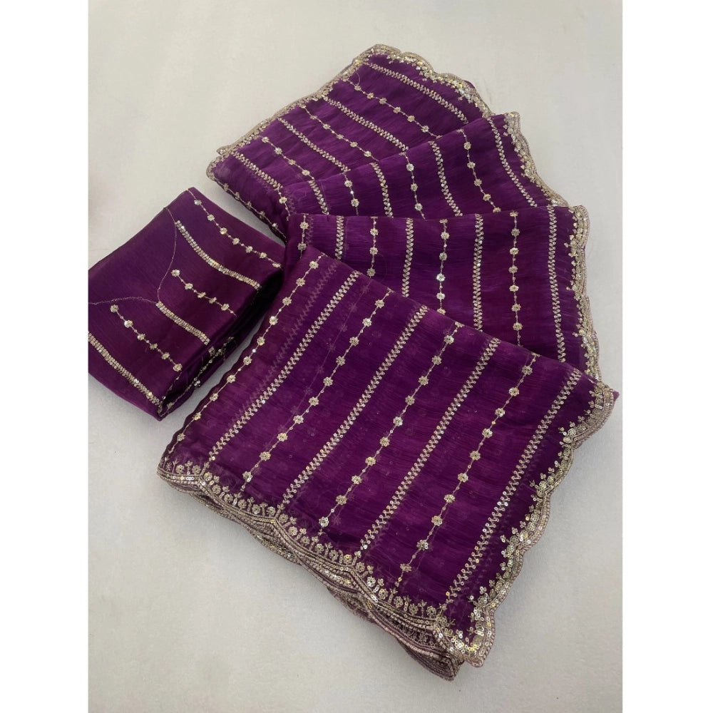 Women's Jimmy Choo Embellished Saree With Unstitched Blouse 5.5Mtr�(Purple)