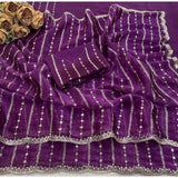 Women's Jimmy Choo Embellished Saree With Unstitched Blouse 5.5Mtr�(Purple)