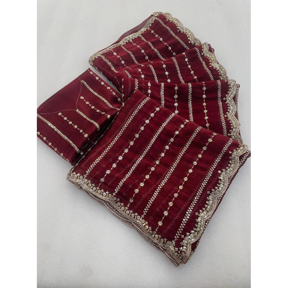 Women's Jimmy Choo Embellished Saree With Unstitched Blouse 5.5Mtr�(Maroon)