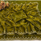 Women's Jimmy Choo Embellished Saree With Unstitched Blouse 5.5Mtr�(Green)