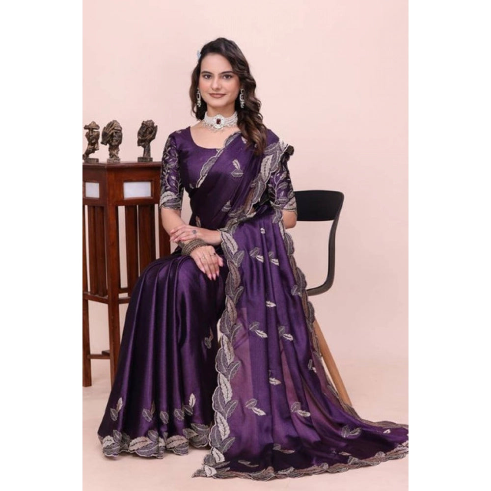 Women's Georgette Embroidered Saree With Unstitched Blouse 5.5Mtr�(Purple)