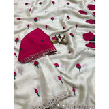 Women's Georgette Embellished Saree With Unstitched Blouse 5.5Mtr�(Cream-Red)