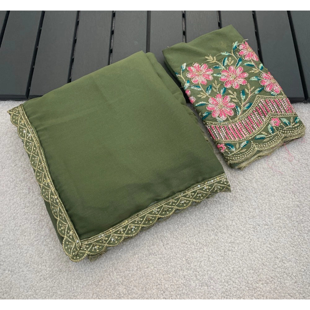 Women's Georgette Embellished Saree With Unstitched Blouse 5.5Mtr�(Olive Green)