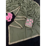 Women's Georgette Embellished Saree With Unstitched Blouse 5.5Mtr�(Olive Green)