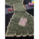 Women's Georgette Embellished Saree With Unstitched Blouse 5.5Mtr�(Olive Green)