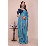 Women's Georgette Embellished Saree With Unstitched Blouse 5.5Mtr�(Aqua Blue)