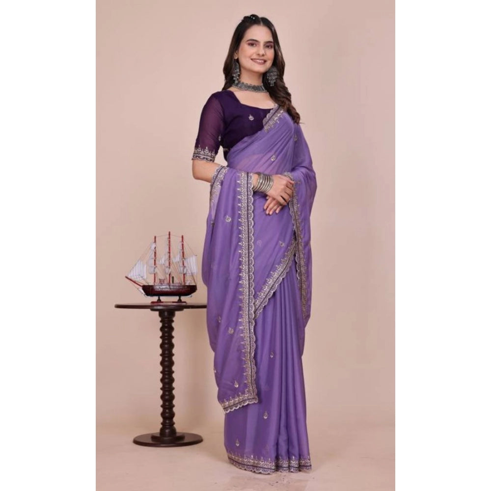 Women's Georgette Embellished Saree With Unstitched Blouse 5.5Mtr�(Purple)