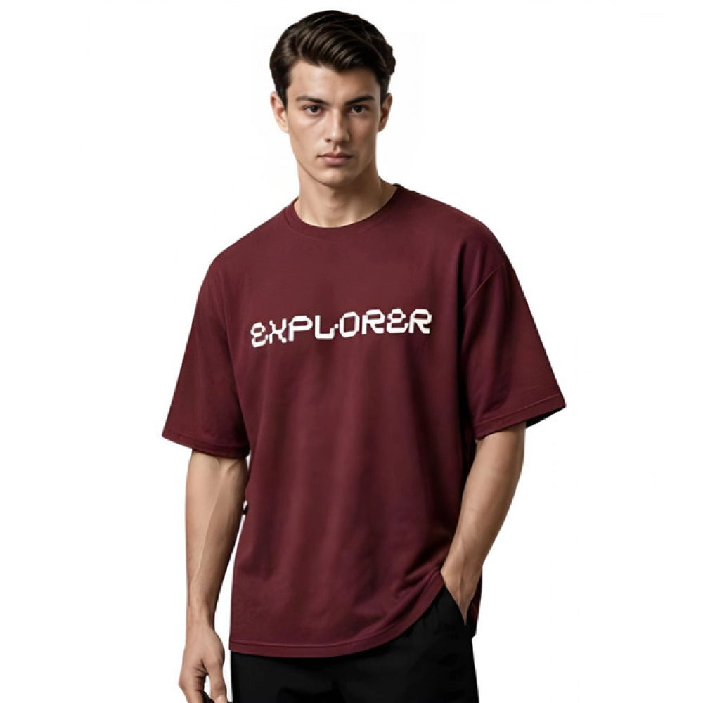 { "alt_text": "Maroon cotton blend men's oversized t-shirt, printed casual wear, round neck half sleeve, 220 GSM" }