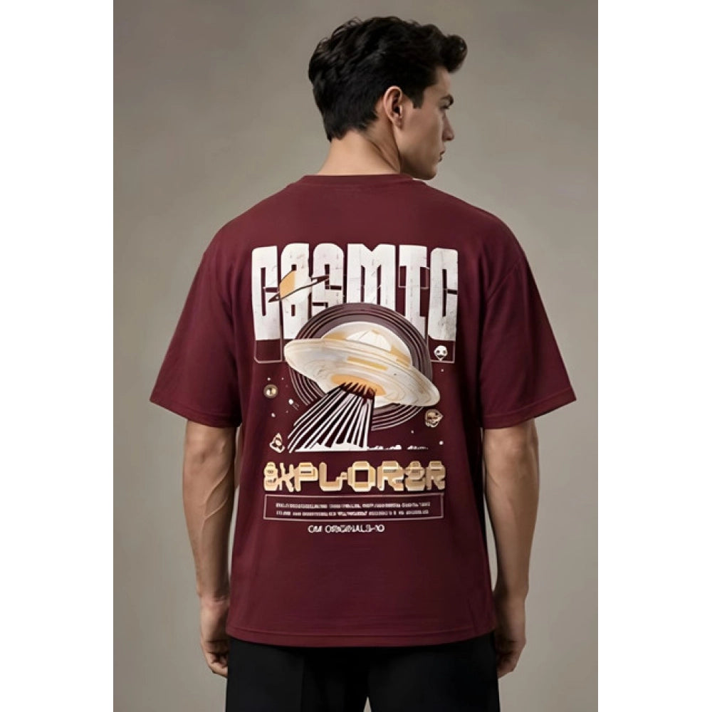 { "alt_text": "Maroon cotton blend men's oversized t-shirt, printed casual wear, round neck half sleeve, 220 GSM" }