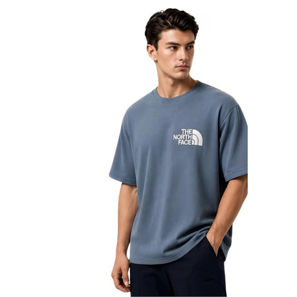 { "alt_text": "Blue cotton blend men's oversized t-shirt, printed casual wear, round neck half sleeve, 220 GSM" }