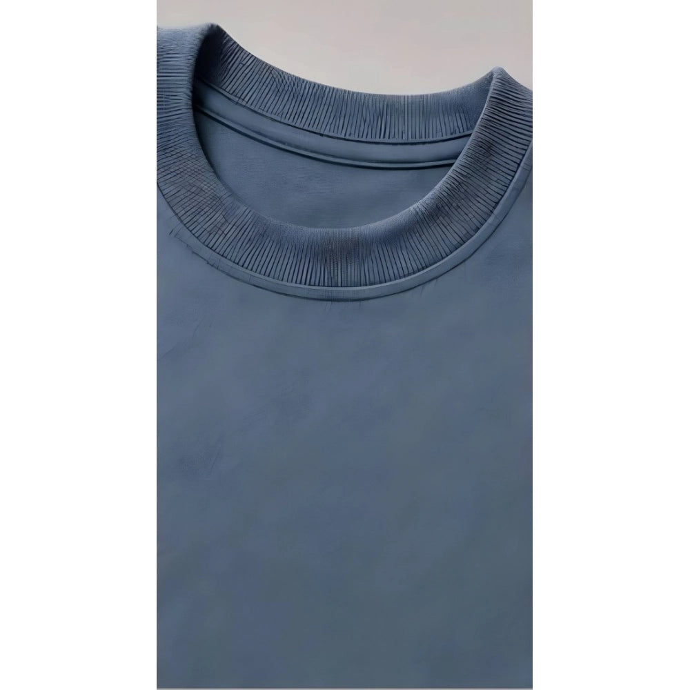 { "alt_text": "Blue cotton blend men's oversized t-shirt, printed casual wear, round neck half sleeve, 220 GSM" }