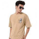 { "alt_text": "Beige cotton blend men's oversized t-shirt, printed casual wear, round neck half sleeve, 240 GSM" }