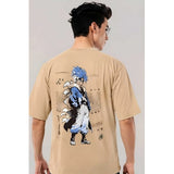 { "alt_text": "Beige cotton blend men's oversized t-shirt, printed casual wear, round neck half sleeve, 240 GSM" }