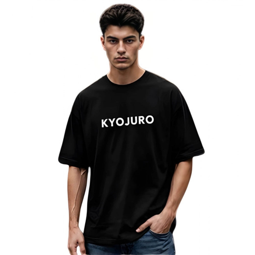 { "alt_text": "Black cotton blend men's oversized t-shirt, printed casual wear, round neck half sleeve, 220 GSM" }