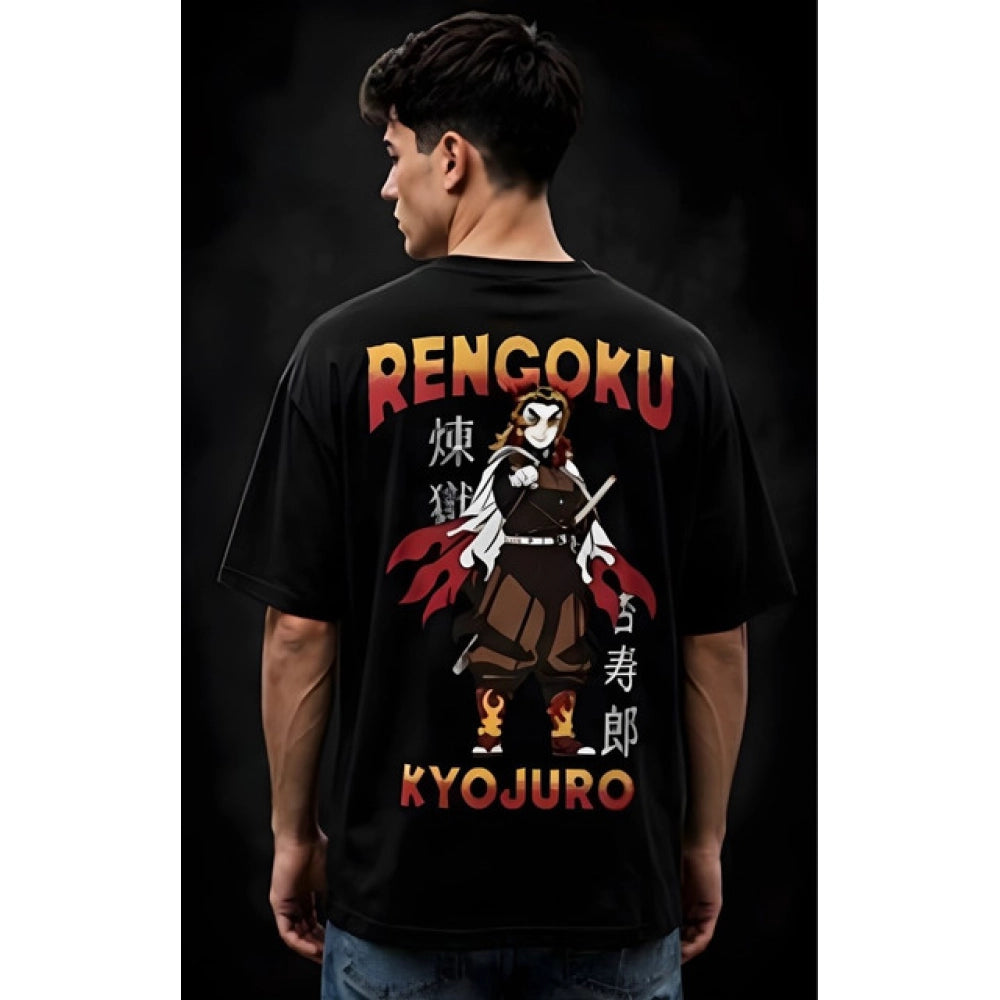 { "alt_text": "Black cotton blend men's oversized t-shirt, printed casual wear, round neck half sleeve, 220 GSM" }