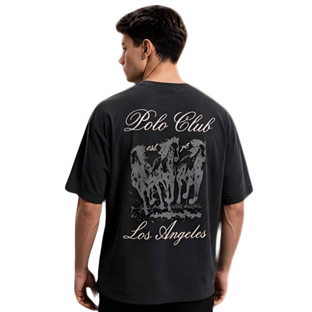 { "alt_text": "Grey cotton blend men's oversized t-shirt, printed casual wear, round neck half sleeve, 220 GSM" }
