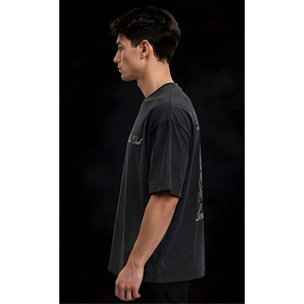 { "alt_text": "Grey cotton blend men's oversized t-shirt, printed casual wear, round neck half sleeve, 220 GSM" }