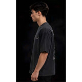{ "alt_text": "Grey cotton blend men's oversized t-shirt, printed casual wear, round neck half sleeve, 220 GSM" }