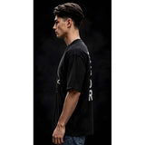 { "alt_text": "Black cotton blend men's oversized t-shirt, printed casual wear, round neck half sleeve, 220 GSM" }