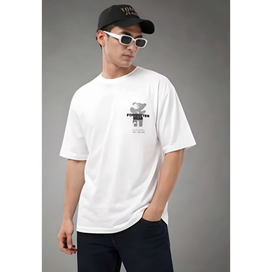 { "alt_text": "White cotton blend men's oversized t-shirt, printed casual wear, round neck half sleeve, 180 GSM" }