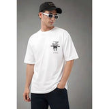 { "alt_text": "White cotton blend men's oversized t-shirt, printed casual wear, round neck half sleeve, 180 GSM" }