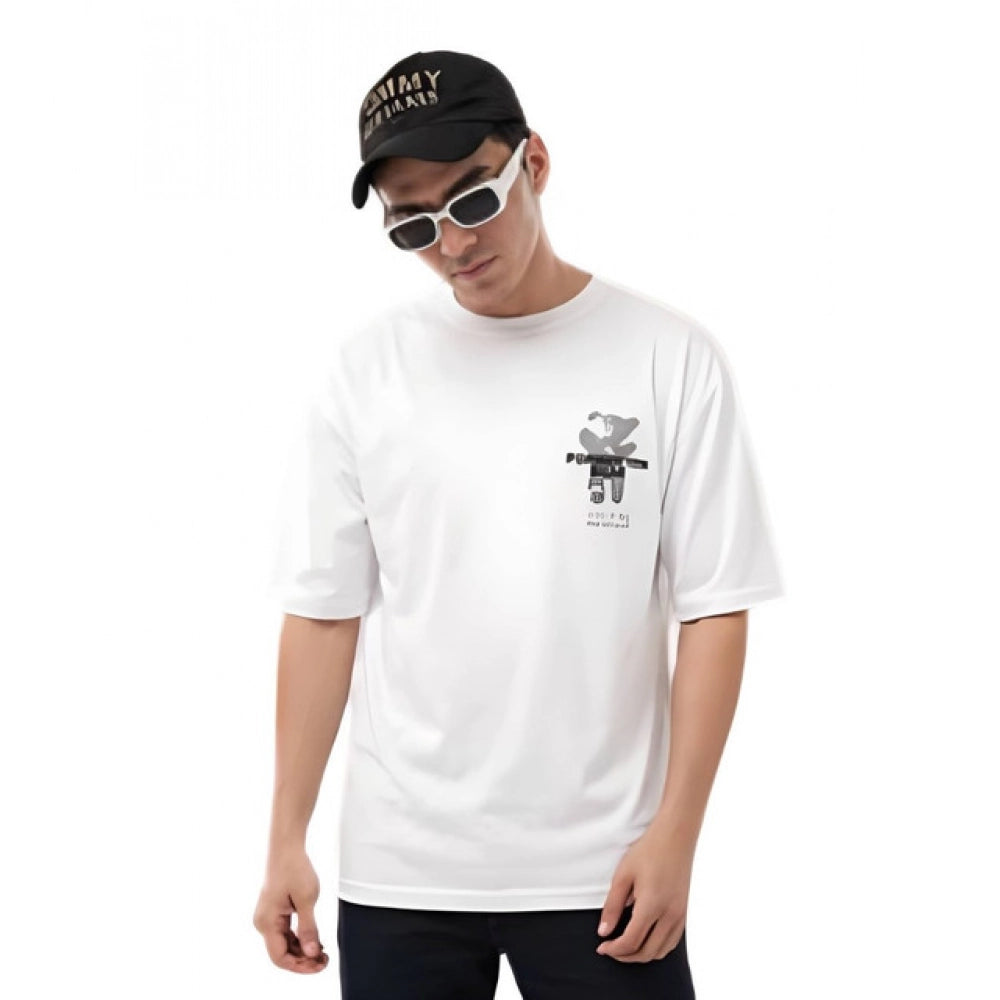 { "alt_text": "White cotton blend men's oversized t-shirt, printed casual wear, round neck half sleeve, 180 GSM" }