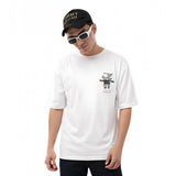 { "alt_text": "White cotton blend men's oversized t-shirt, printed casual wear, round neck half sleeve, 180 GSM" }