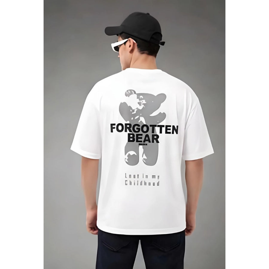 { "alt_text": "White cotton blend men's oversized t-shirt, printed casual wear, round neck half sleeve, 180 GSM" }