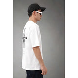{ "alt_text": "White cotton blend men's oversized t-shirt, printed casual wear, round neck half sleeve, 180 GSM" }