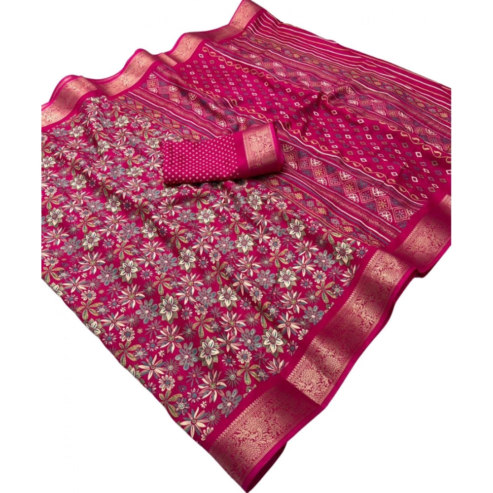Women's Dola Silk Floral Printed Saree With Unstitched Blouse 5.5Mtr (Pink)