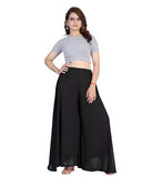 { "alt_text": "Black georgette women's palazzo pants, solid high-rise wide leg flared pants, ankle length ethnic wear" }