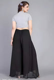 { "alt_text": "Black georgette women's palazzo pants, solid high-rise wide leg flared pants, ankle length ethnic wear" }