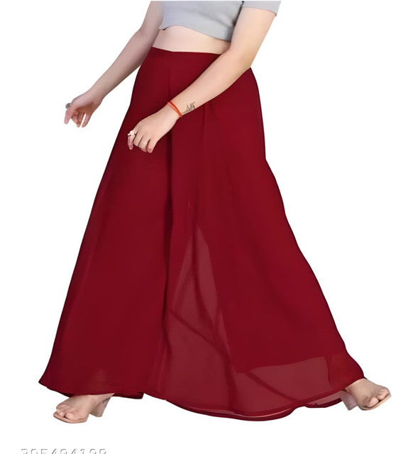 { "alt_text": "Maroon georgette women's palazzo pants, solid high-rise wide leg flared pants, ankle length ethnic wear" }