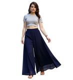 { "alt_text": "Navy blue georgette women's palazzo pants, solid high-rise wide leg flared trousers, ankle length ethnic wear" }