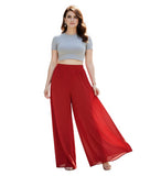 { "alt_text": "Red georgette women's palazzo pants, solid high-rise wide leg flared palazzo, ankle length elastic waist" }